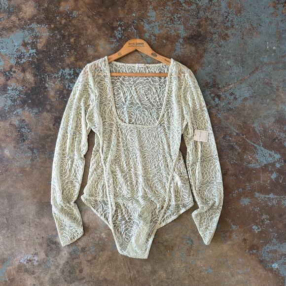 Free People Intimately In My Head Lace Bodysuit Size L Fern Moss Green Sheer - Picture 2 of 11